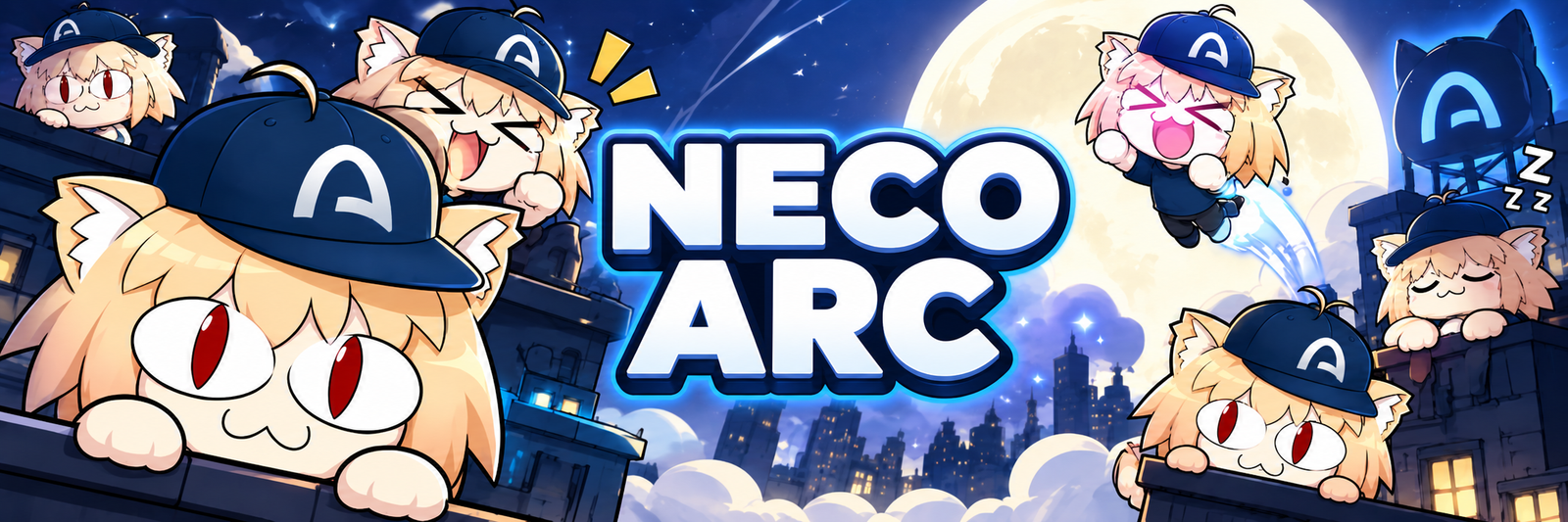Neco Arc banner with city skyline and moon